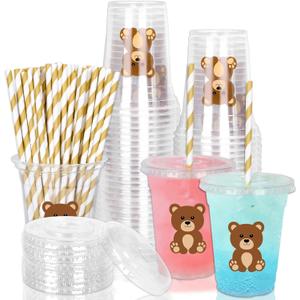 Whaline 50Pcs Bear Disposable Plastic Cups with Lids and Straws 12oz Cute Brown Bear Party Cups Cold Beverage Drinking Cups for Baby Shower Birthday Party Supplies
