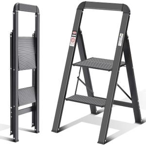 KINGRACK Step Ladder, 2 Steps, Folding Step Ladder with Handrail, Non-Slip Household Ladder with Folding Safety, Aluminium Step Stool, Maximum Load 150 kg, Black