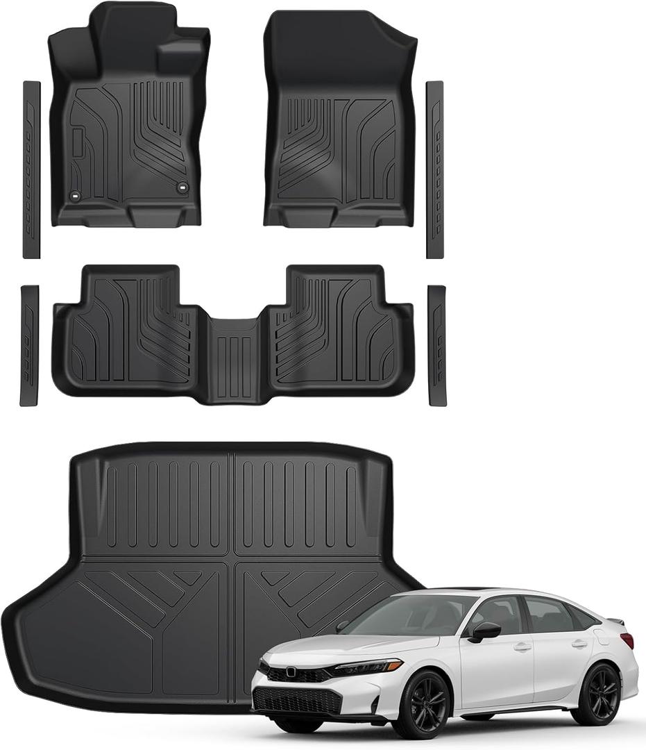 Floor Mats for Honda Civic Sedan 2022-2026/Acura Integra 2023-2026, All Weather Floor Mats Trunk Cargo Liner and Door Sill Guards Accessories, Full Coverage Set (Gas Only, Not fit Manual)