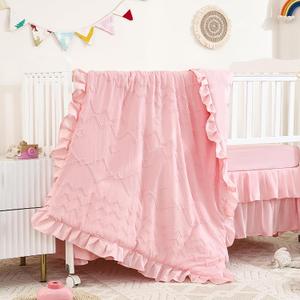 3-Piece Tufted Ruffle Crib Bedding Set for Girls - Ultra Soft Baby Bedding Set Includes Boho Crib Comforter, Sheet & Skirt (Light Pink)