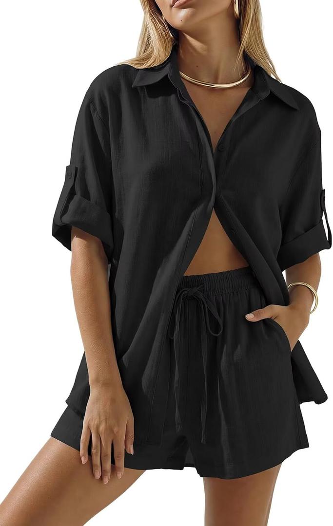 BWQ Womens 2 Piece Linen Short Sets Beach Vacation two piece sets for women summer (Small, Black)