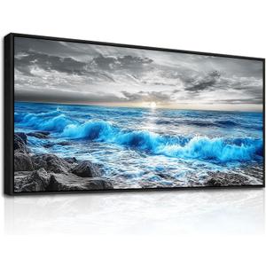 FUHAIHUA Black Framed Canvas Wall Art For Living Room Large Wall Decor For Office Bedroom Decorations Ocean Wave Landscape Picture Modern Painting Artwork Room Mural Aesthetic Home Decor 30x60 In (60L" x 30W")