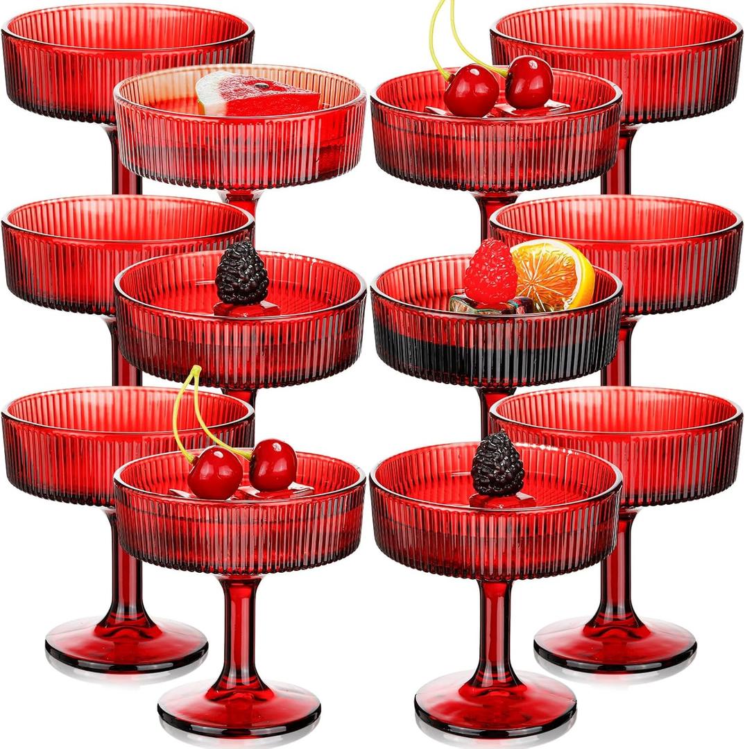 12 Pcs Ribbed Vintage Coupe Glasses 7 oz Martini Glasses Champagne Coupe Classic Cocktail Glassware Reusable Ribbed Glassware for Cocktail Martini European Style (Red)