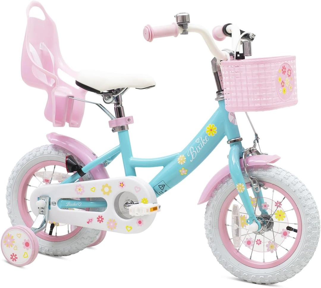 Bixike Girls Bike with Basket for Toddlers and Kids, 12 Inch with Training Wheels & Doll Seat,  with Kickstand & Rear Rack, Princess Style Bicycle for Gift.
