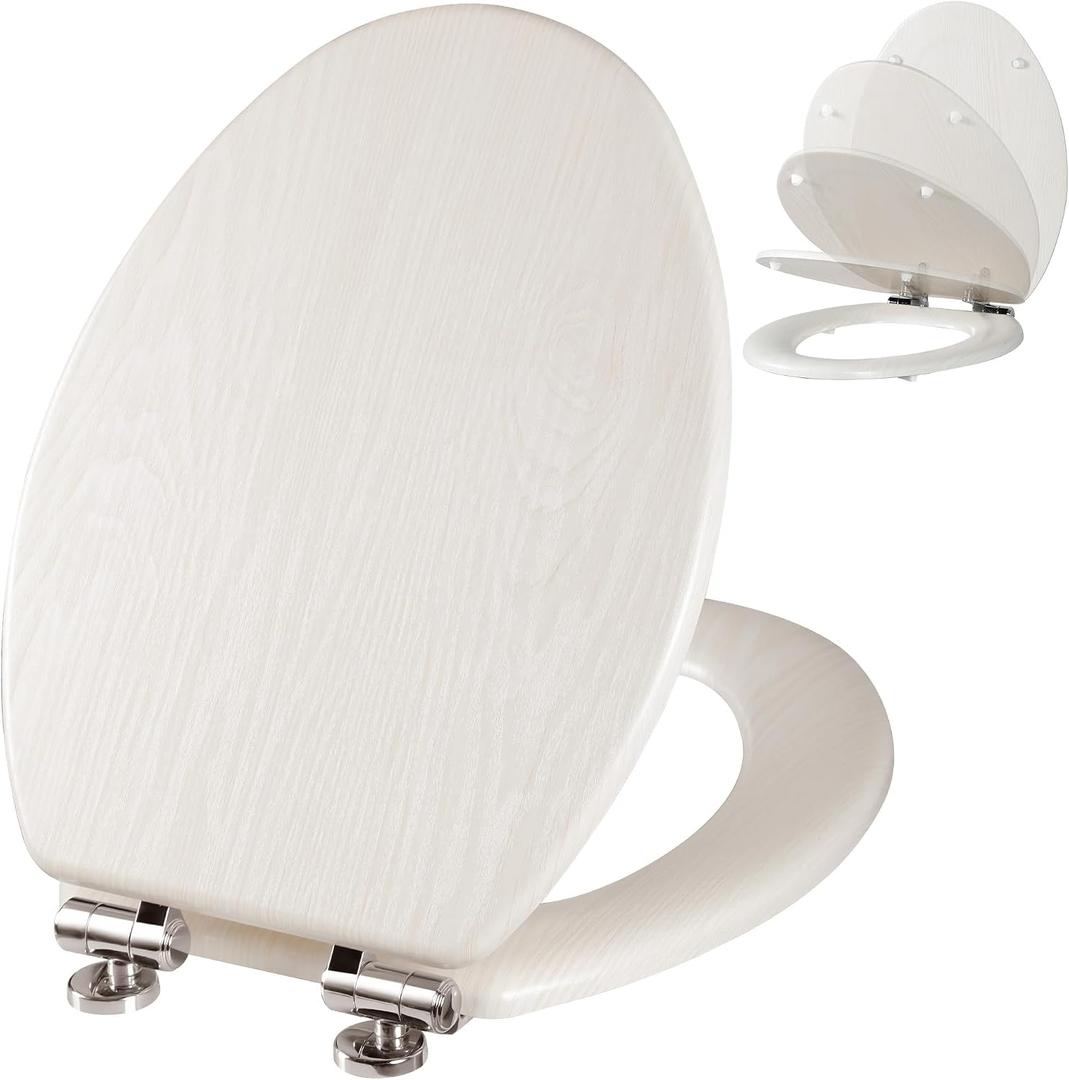 Angel Shield Elongated Wooden White Toilet Seat Quiet Close 18.5" | Quick Release Metal Hinges, Adjustable Fit for Standard Elongated Toilets, Easy to Install&Clean