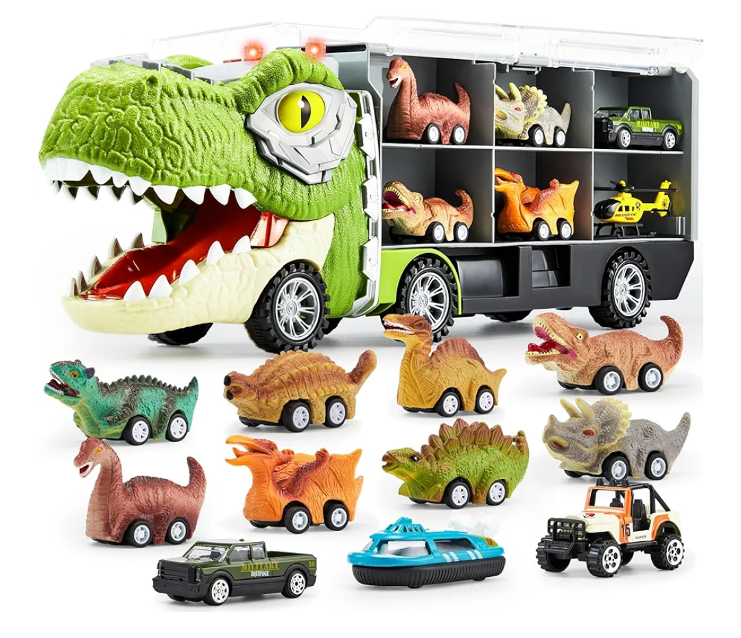 JOYIN 13 in 1 Dinosaur Toys for Kids 3-5, Dinosaur Truck with 12 Pull Back Cars, Birthday Gifts Toys for 3 4 5+ Year Old Boy, Transport Carrier Truck for Toddlers, Easter Kids Gifts