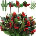 60 Pcs Christmas Artificial Green Pine Needles, Christmas Floral Picks Artificial Holly Red Berry Twig Stem Pine Snowy Cone Branches Garland Bulk for Xmas Tree Craft Holiday Winter (Charming Style)