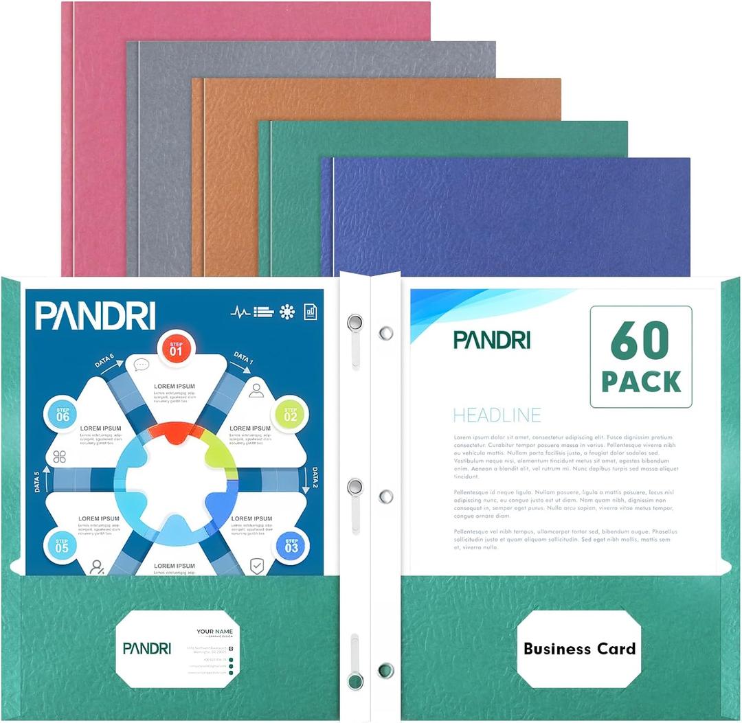 Two Pocket Folders, PANDRI 60 Pack Two Pocket Folders with Prongs, 2 Pocket 3 Prong Folders Designed for Office and Classroom, Letter Size, Assorted 5 Colors