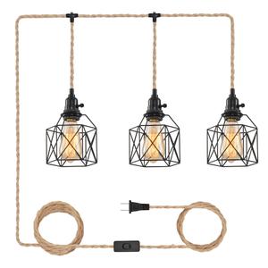 3-Light Hanging Light with Plug in Cord,Plug in Pendant Light Hemp Rope Pendant Lighting Vintage 3-Light Hanging Lamp Fixtures for Kitchen Island Living Room Bedroom