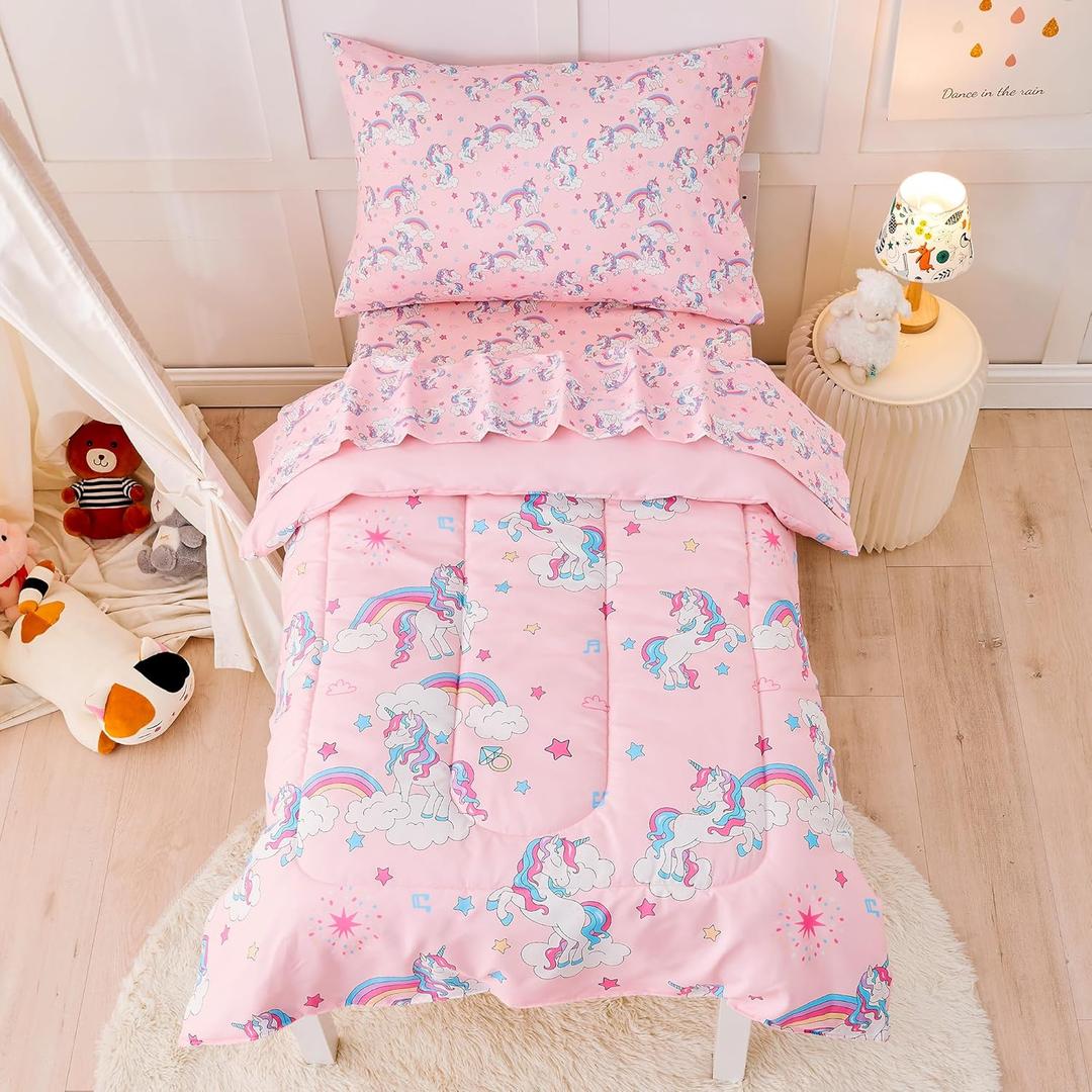 Pink Unicorn Toddler Bedding Set for Girls, 4 Piece Bed-in-a-Bag Toddler Comforter Sets, Super Soft and Comfortable Microfiber Todeeler Bed Set