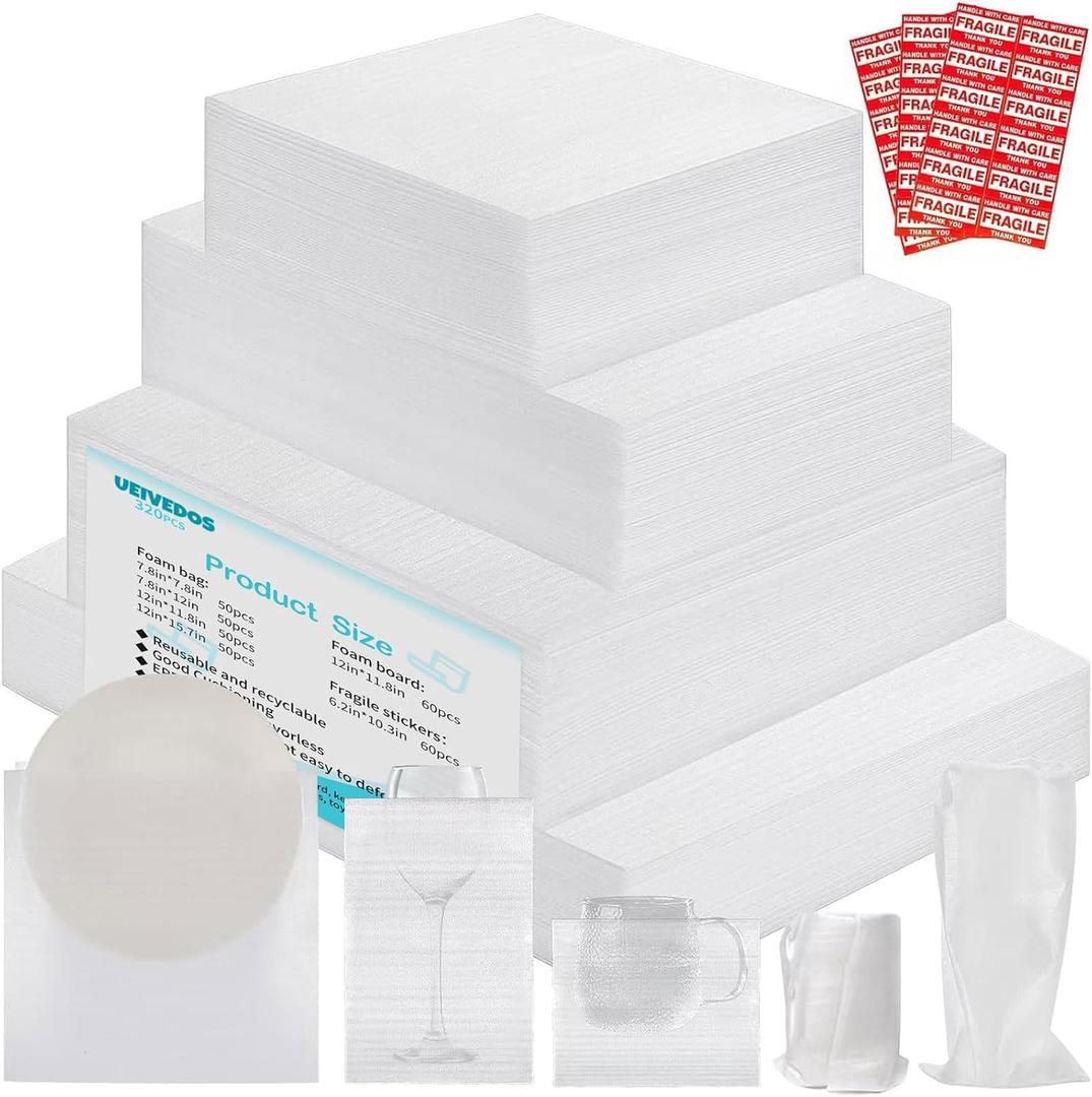 320 pcs Moving Packaging Supplies, 260 Cushioning Foam Pouches and Sheets, 4 Sizes (16x12", 12x12", 12x7.8", 7.8x7.8") with 60 Fragile Stickers, Cushion Foam Pouch for Moving, Packaging, Storage.