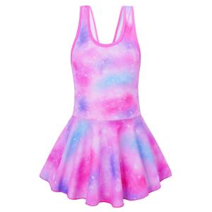 Akokvlar Girl One Piece Swimsuit with Skirt Bathing Suit Swimwear (14-15 Years, Purple Galaxy)