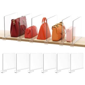 HBlife 6 Pack Clear Shelf Dividers, Vertical Purse Organizer for Closet Perfect for Sweater, Shirts, Handbags in Bedroom and Kitchen, Adjustable Acrylic Bookshelf for Organization