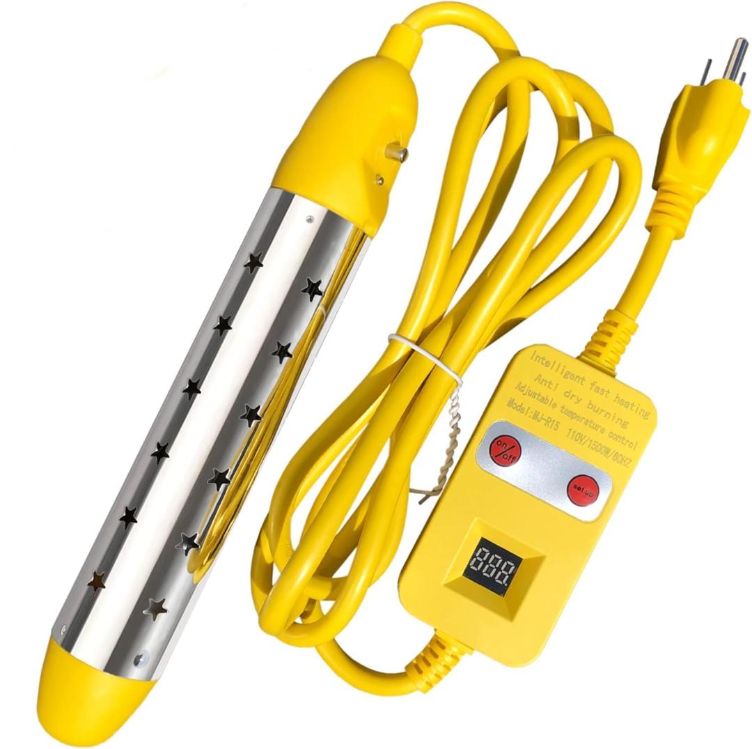 Portable Water Heater 1500W Immersion Heater for Bathtub with Switch Control, Bucket, Hot Tub, and Mini Inflatable Pool Fast Heating with Rust-Resistant 304 Stainless Steel Cap (Yellow)