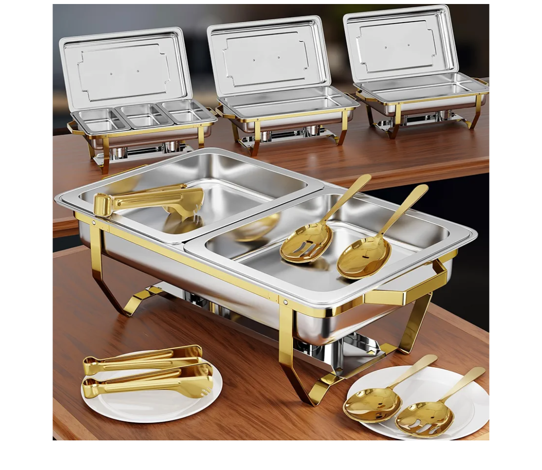 Gold Chafing Dishes for Buffet 4 Pack (7 Pans + Utensils) - 9QT Stainless Steel Chafing Dish Buffet Set - Food Warmers for Parties Buffet - Buffet Servers and Warmers (4 PACK + 7 PANS + 7 UTENSILS)