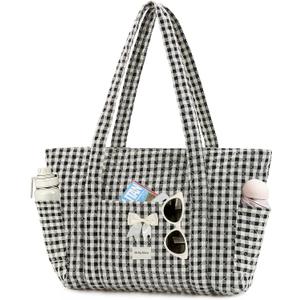 Molly Moon Quilted Tote Bag for Women, Quilted Gingham Floral Tote Bags with Zipper, Cute Bow Shoulder Bag Gifts for Sisters
