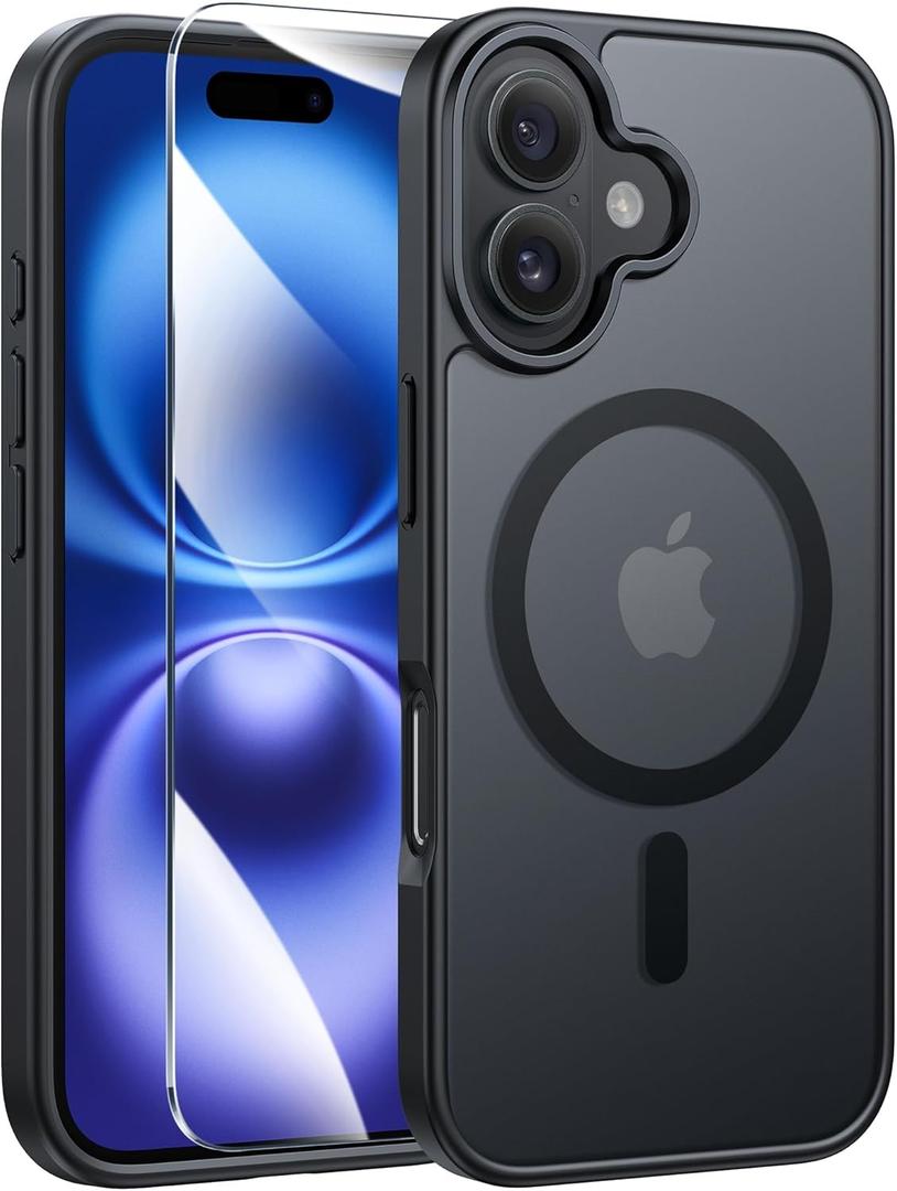 FNTCASE for iPhone 16 Phone Case: Magnetic Translucent Matte Shockproof Slim Cell Phone Cover - Military Grade Drop Proof Hard Back Anti-Fingerprint Protective Case (Black)