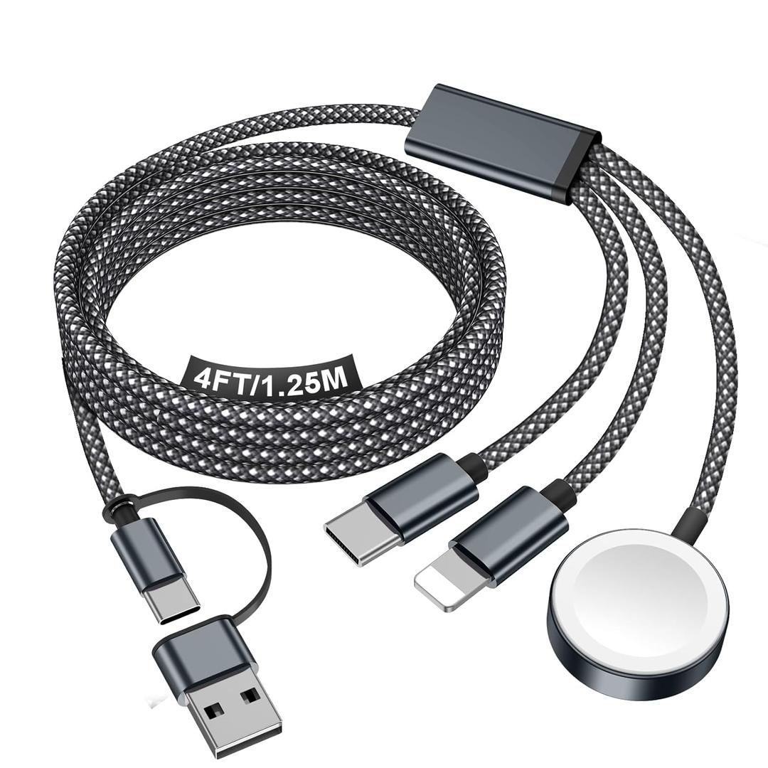 Travel Essentials for Apple Watch Charger,iPhone Charger,3 in 2 Type C/L/Magnetic Fast Charging Cable,Multi Charging Cable Portable Designed for iWatch Series,iPhone 17-11,Galaxy S26-S21,Car-4FT