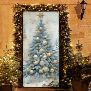 MKGRXZCW Blue Christmas Tree Front Door Cover, Vintage Christmas Tree Winter Holiday Door Covers Hanging Photography Backdrop Decorations for Indoor Outdoor Xmas Party Decor, 35 * 79 Inch