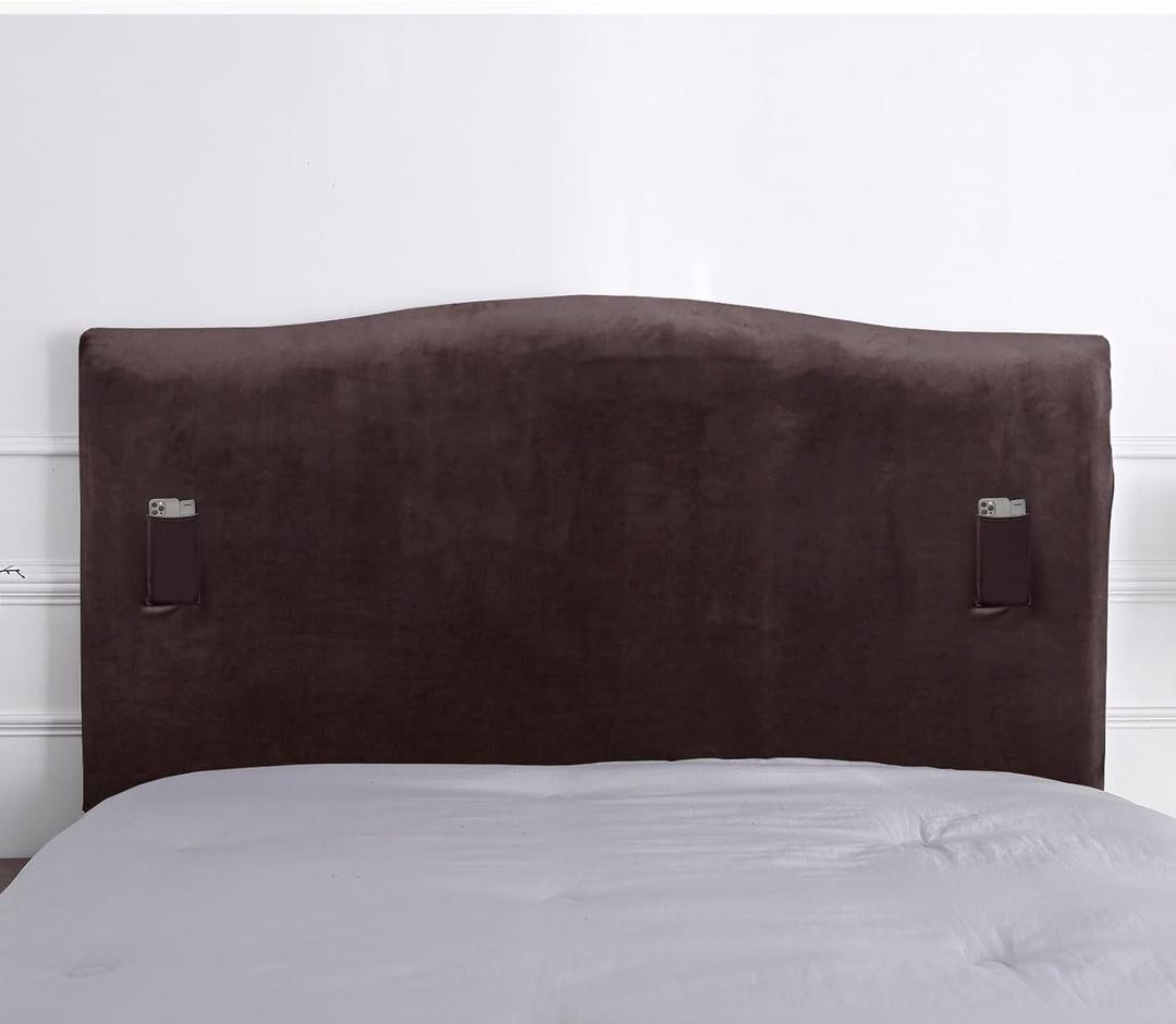 WOMACO King Headboard Cover with Remote Pockets, Stretch Velvet Head Board Slipcover, Dustproof Bed Head Cover for Upholstered Headboard (Length (71" - 90""), Coffee)