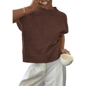 PRETTYGARDEN Women's 2026 Spring Sweater Vest Trendy Flower Knit Short Sleeve Cute Pullover Tank Tops Summer Fashion Clothing (Brown, S)