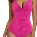 SUUKSESS Women Slimming High Waisted Tummy Control One Piece Swimsuit Sexy V Neck Crisscross Bathing Suit (Hot Pink, M)