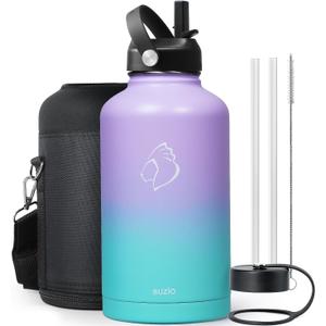BUZIO 64oz Insulated Water Bottle Stainless Steel Double Wall Leak Proof Half Gallon with Straw Lid and Flex Cap (Cold for 48 Hrs) Sports Flask Metal Travel Mug for Hiking, Camping, Purple Green