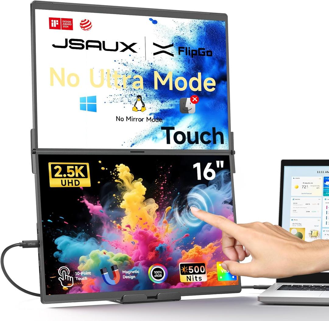 JSAUX FlipGo Touchscreen 16" Dual Portable Monitor, 2.5K Triple Laptop Touch IPS Screen Foldable Extender for Laptop[for Windows/Linux] One Cable to Dual/Magnetic Design/Built-in HUB/ HiDPI Display
