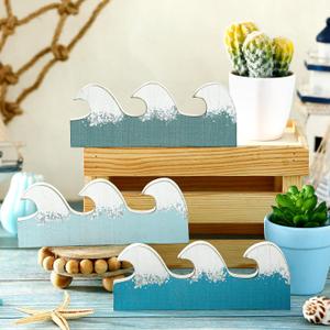 Qunclay 3 Pcs Summer Wooden Waves Table Decor Summer Ocean Sign Blue Beach Centerpieces Coastal Wooden Waves Tiered Tray Decor Vintage Home Centerpieces for Home Beach Office Bedroom