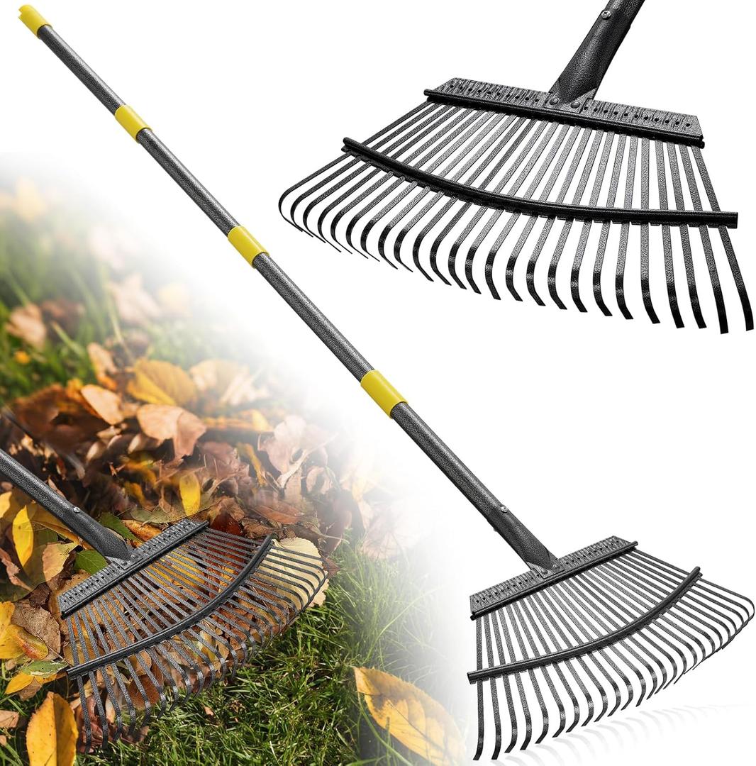 Garden Rake for Leaves: 18 Wide Metal Leaf Rake, 65 Long Adjustable Handle, Heavy Duty 25 Teeth, Fast Kids Women Large Lawn Yard Garden Leaf Cleanup Gardening Rakes: Grass,Debris,Pine Needles Pick