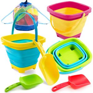 SLOOSH 3 PCS Foldable Buckets with 3 Shovels Sand Water Bucket Sandbox Square Party in Summer Foldable Pail Silicone Collapsible Bucket Kids Beach Toys Travel (Yellow/Blue/Green)