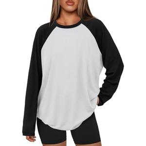 ATHMILE Women Oversized Long Sleeve Shirt 2026 Fall Winter Casual Basics Top Loose Fit Tee Fashion Cute Clothes White Black, Medium