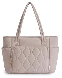 Ceneda Tote Bags For Women with Water Bottle Band Fit for Stanley Cup, Quilted Tote Bags with Wet Pocket and Compartment for Work (Beige)