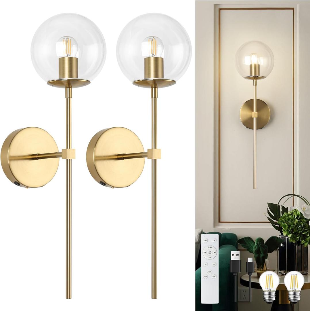 Battery Operated wall Sconce Set of 2 Glass Globe 3000~6000K Rechargeable Wall Light Fixture Wireless Wall Lights with Clear Glass Shade for Living Room, Hallway, Bedroom(2 Pack)