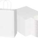 Toovip 100 Pack 8x4.75x10 Inch Medium White Kraft Paper Bags with Handles Bulk, Gift Wrap Bags for Favors Grocery Retail Party Birthday Shopping Business Goody Craft Merchandise Take Out Sacks