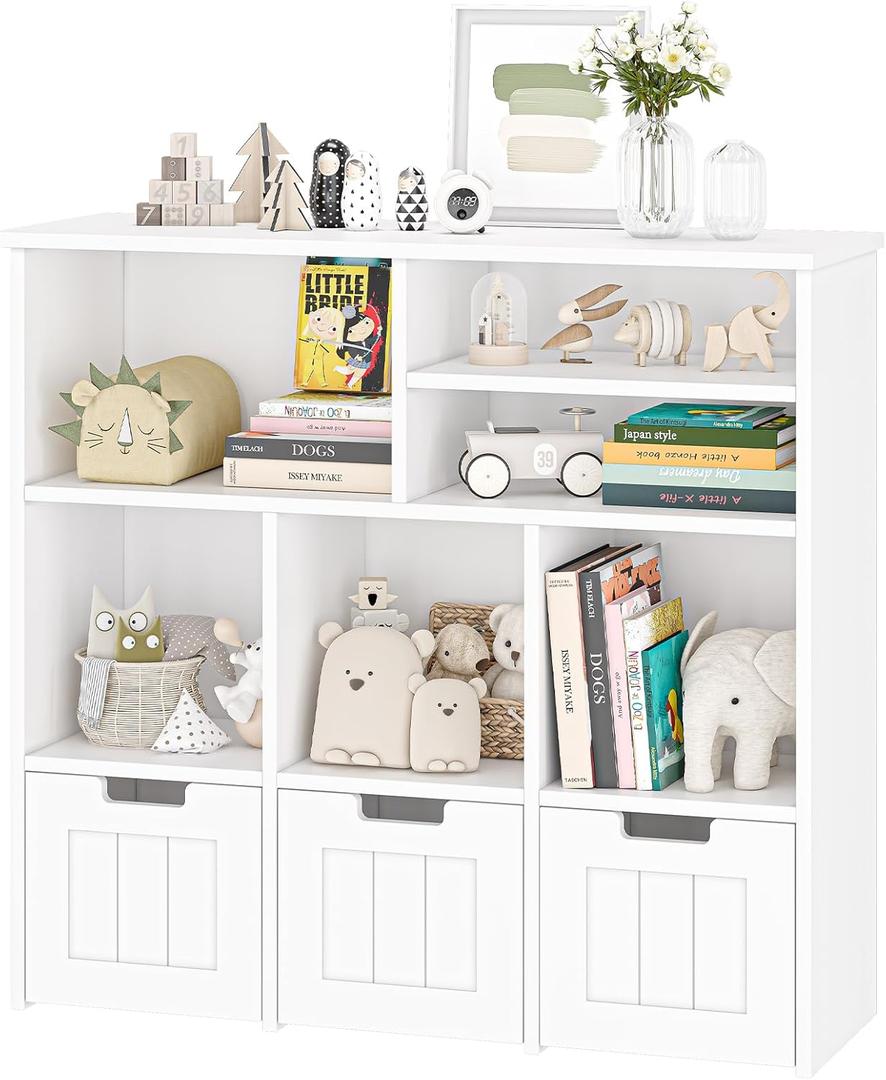 Kids Bookcase Toy Organizer - White/Pink Storage Cabinet with 3 Movable Drawers, Hidden Wheels | Multi-Purpose Nursery & Playroom Furniture, White