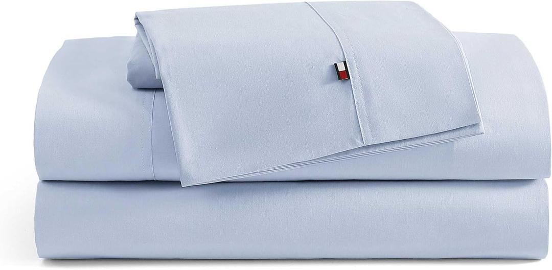Tommy Hilfiger - Sheet Set, Cotton Percale Bedding with Matching Pillowcases, Crisp & Cool, Solid Home Essentials (Blue, King)