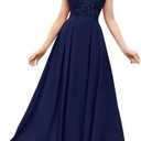 Miusol Women's Elegant Floral Lace Formal V Neck Bridesmaid Party Dress (Medium, Navy Blue)