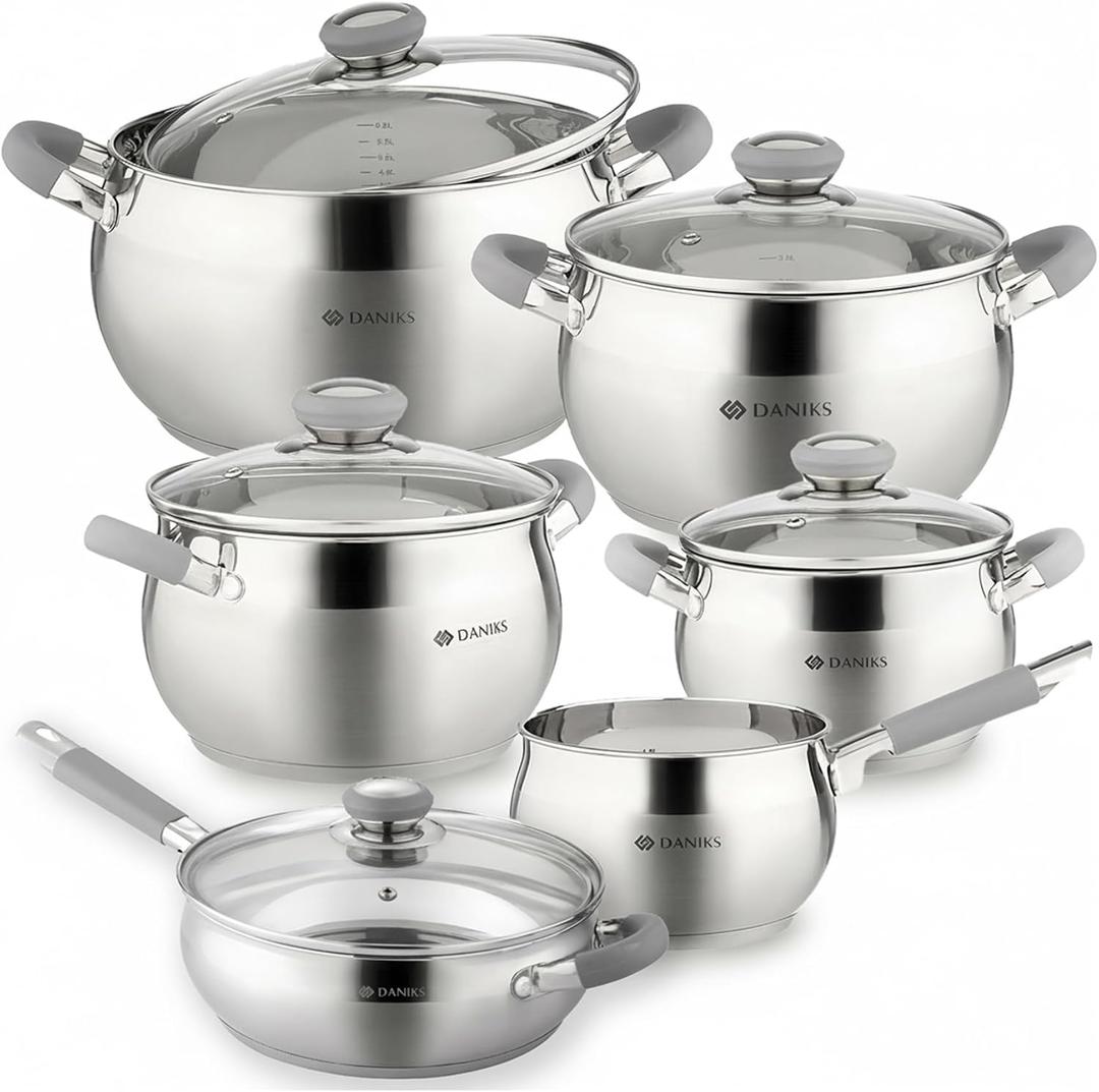 4 x Daniks Modern 11-Piece Stainless Steel Cookware Set with Glass Lids, Includes Saucepan and Frying Pan with Lid, Tri-Ply Bases for Even Heating, Induction Compatible, Dishwasher Safe, Heatproof Handles