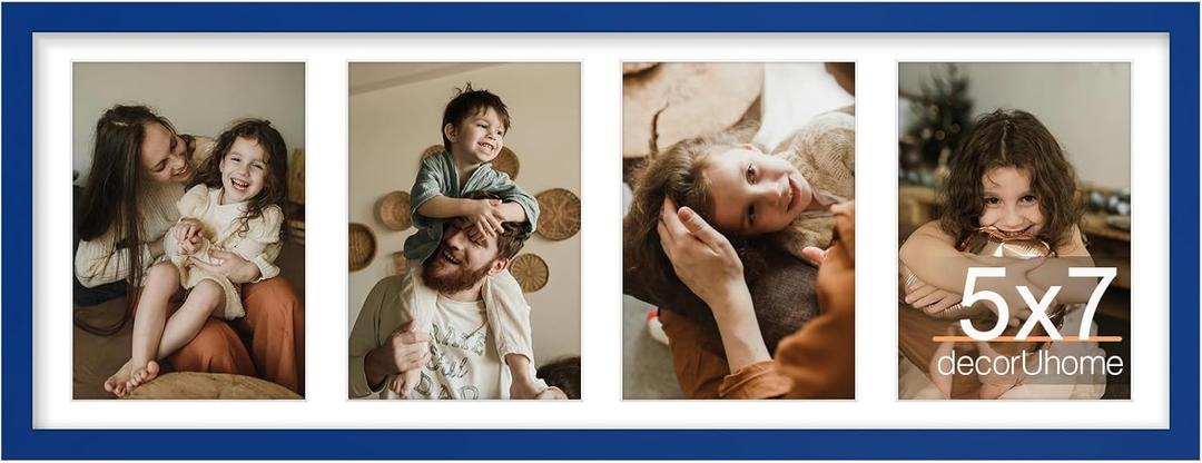 decorUhome 8x22 Picture Frames Collage Wall Decor, Display 4Pcs 5x7 Photos with Mat or 1Pcs 8x22 Unmatted, 4 5x7 Collage Picture Frames for Wall Mounting, Royal Blue