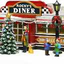Christmas Village Building, Rocky's Diner, Retro 1950's Diner with LED Lights and Christmas Music - Battery Operated (not included) (optional 4.5V adapter not included) (5.8"H x 13.6"W x 7.1"D)