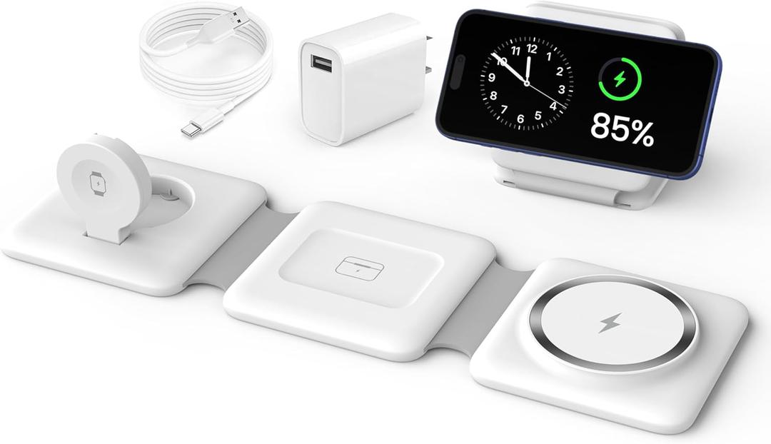 Charging Station for Apple Multiple Devices - 3 in 1 Foldable Magnetic Wireless Charger Dock - Travel Charging Pad for iPhone 16 15 14 13 12 Pro Max Plus Watch & Airpods (White)