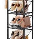 SWTYMIKI Rolling Vertical Shoe Rack - Shoe Tower with Drawer and Hooks, Shoe Storage Organizer for Entryway Closet Bedroom, Space-Saving Wood and Metal Narrow Shoe Shelf, Espresso (9 Tier)