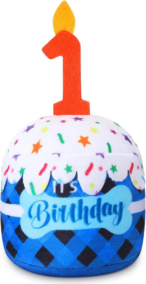 Dansydaisy Dog 1st Birthday Cake Toy Accessories for Girl Boy Gifts, Blue Grid Squeaky Plush Toy for Dog Birthday Party Decor Favor for Large, Medium and Small Dogs