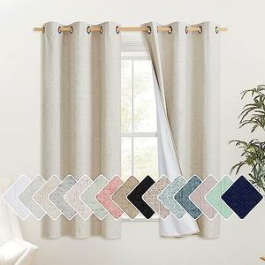 NICETOWN Natural Thick Linen Blend 100% Blackout Curtains with White Liners, Rustic Grommet Thermal Insulated Flax Textured Full Blackout Window Draperies for Bedroom (2 Panels, 42" W by 63" L)