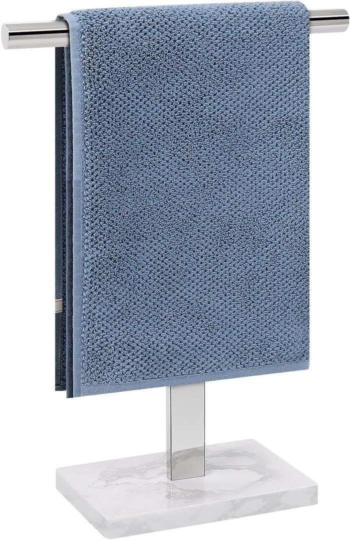 Hand Towel Holder, T-Shape Hand Towel Stand for Bathroom, Hand Towel Rack Bar Standing for Vanity Kitchen Countertop, 304 Stainless Steel (Marble Base, Chrome)