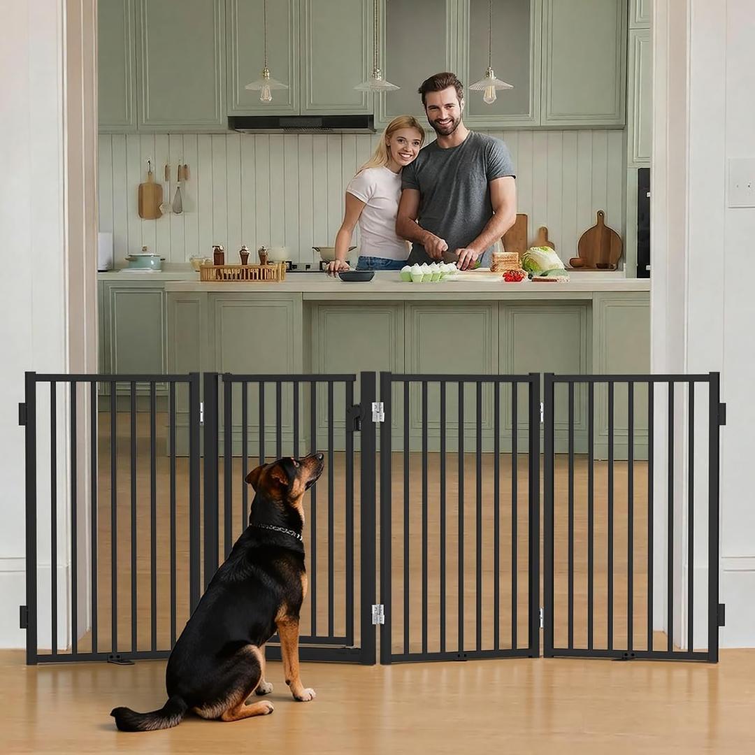 COMOMY Metal Freestanding Dog Gates, 203cm Extra Wide Pet Barrier, Black