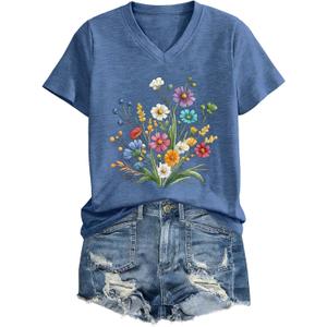Womens Graphic T Shirts V Neck Vintage Tees Floral Tops Teacher Shirts Blue (Blue, XL)