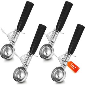 Reallnaive 4 Pcs Release Cookie Scoops Ice Cream Scooper with Trigger Release Portion Scoop Stainless Steel for Portion Control, Baking Food, Cookie Dough (1 oz,Black)