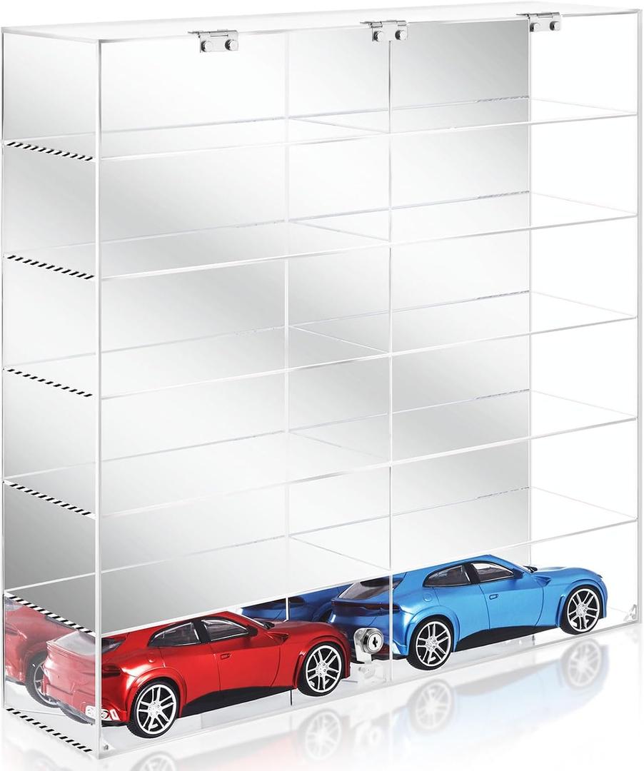 Juexica 1: 18 Scale Diecast Display Case Clear Acrylic Toy Model Cars Cabinet Wall Mounted Storage Showcase Hold 12 Cars, Lockable with Mirror Back, 23.62 x 23.62 x 6.1 Inch